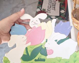 Vintage Easter Bunny and Tulip Wooden Wall Plaque