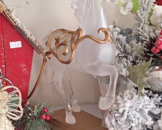 Frosted Glass Unicorn Figurine with Gold-Tone Accents on Wood Base