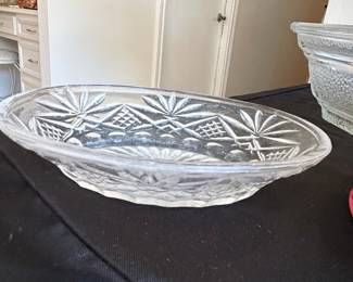 Vintage Cut Glass Oval Serving Bowl with Sunburst and Star Pattern