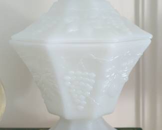 Vintage Anchor Hocking Milk Glass Grape Leaf Octagon Compote