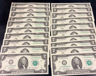 20 consecutive serial number two dollar bill bills