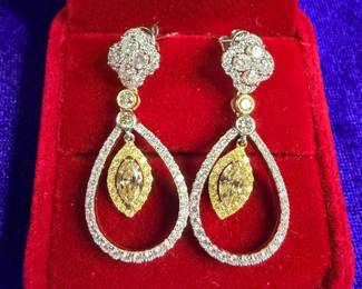 Yellow and white diamonds with platinum earrings