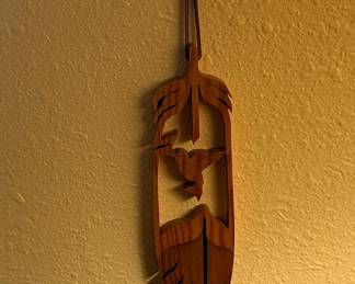 Hand-Carved Wooden Feather Wall Hanging with Hummingbird
