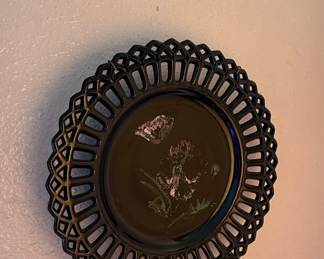 Vintage Black Glass Hand-Painted Floral Plate with Reticulated Edge