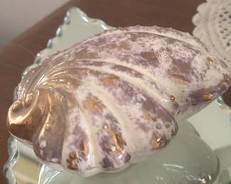 Vintage Porcelain Seashell Trinket Box with Mirror Base