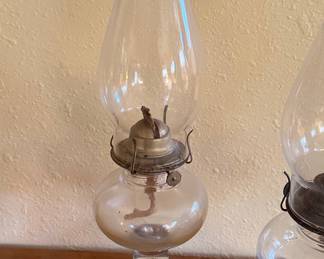 Vintage Clear Glass Pedestal Oil Lamp with Ribbed Base and Chimney