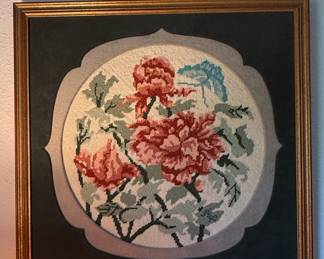 Vintage Floral Needlepoint "JE 90" Signed Rose Motif in Custom Matting