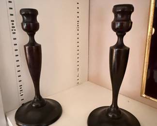 Pair of Vintage Turned Dark Wood Candlesticks