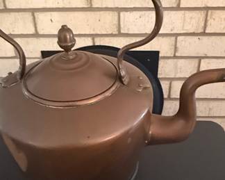 Antique Copper Tea Kettle with Acorn Finial and Wooden Handle