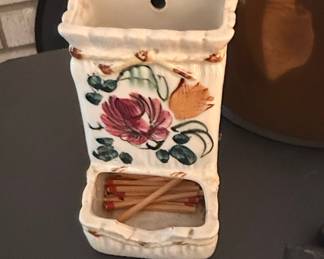 Vintage Ceramic Wall-Mount Match Holder with Hand-Painted Floral Motifs