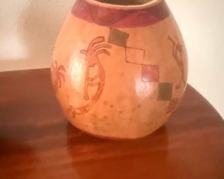 Southwestern Etched Gourd Vessel with Kokopelli and Geometric Designs