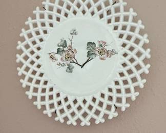 Vintage Challinor Taylor Milk Glass Lattice Edge Plate with Floral Motif