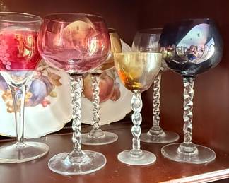 Vintage Multi-Colored Twist Stem Cordials and Wine Glasses
