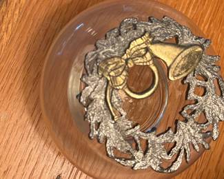 Vintage Metzke Pewter Christmas French Horn & Bell Ornament