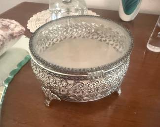 Vintage Ornate Silver-Plated Glass Vanity Box with Filigree