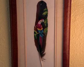 Costa Rican Hand-Painted Macaw Feather Art by Elizabeth T.