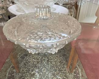 KIG Malaysia "Roses in Hearts" Pattern Clear Pressed Glass Covered Candy Dish
