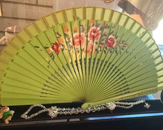 Vintage Hand-Painted Spanish Souvenir Folding Fan with Roses