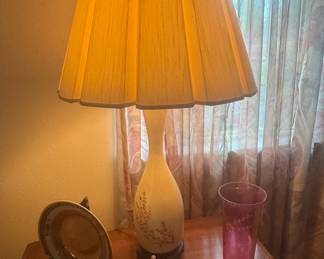 Mid-Century Milk Glass Floral Table Lamp