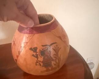 Southwestern Etched Gourd Vessel with Kokopelli and Geometric Designs