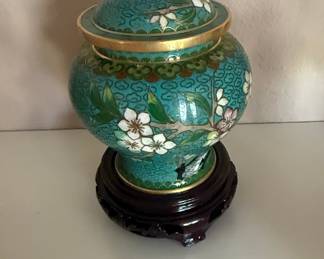 Chinese Cloisonné Ginger Jar with Cherry Blossom Motif and Wood Stand