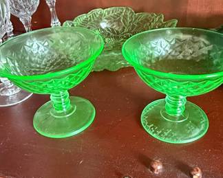 Depression Glass Uranium Glass Sherbet Cups - Diamond Quilted Pattern
