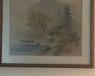 Japanese Watercolor Landscape with Thatched Hut and Boat, Signed
