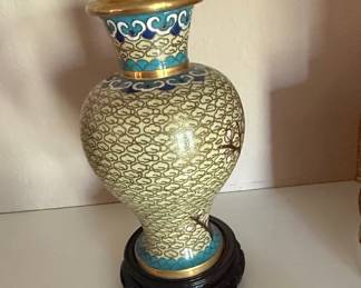 Vintage Chinese Cloisonné Floral Vase with Hardwood Stand