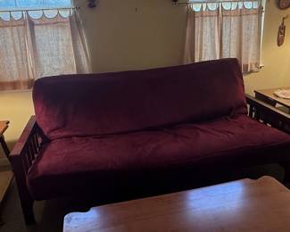 Mission Style Futon Sofa with Burgundy Microfiber Mattress