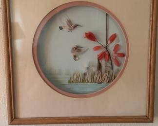 Vintage MCM Hummingbirds Feather Art Shadowbox