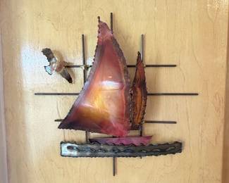 Mid-Century Modern Brutalist Metal Sailboat Wall Sculpture