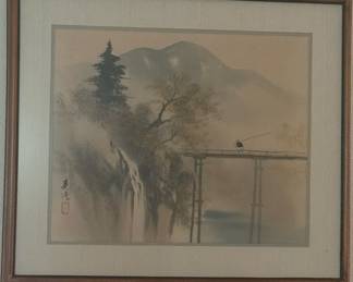 Japanese Sumi-e Style Landscape Watercolor Painting Signed
