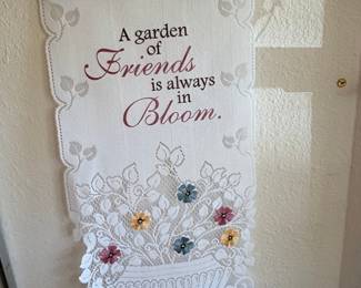 Vintage "A garden of Friends is always in Bloom" Lace Wall Hanging with Applied Flowers