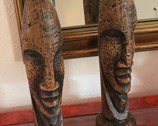 Pair of Vintage African Hand Carved Wood Tribal Bust Sculptures