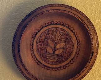 Vintage Hand-Carved Wooden Plate with Brass Inlay