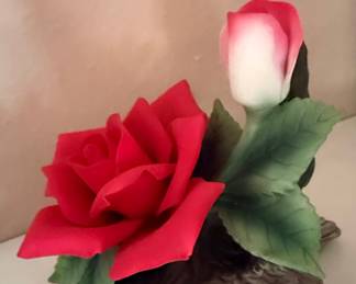 Andrea by Sadek Porcelain Red Rose Figurine with Pink Bud