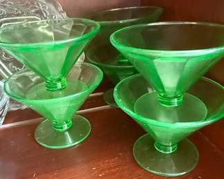 Federal Glass Green Uranium Paneled Optic Sherbet Dishes