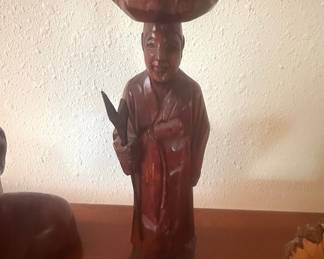 Vintage Hand-Carved Wooden Asian Figure - Man with Bundle on Head