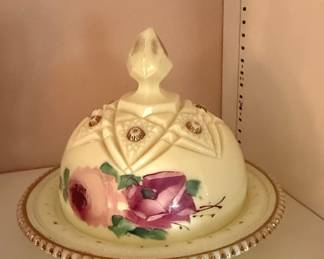 Heisey Ring Band Custard Glass Butter Dish with Hand-Painted Roses