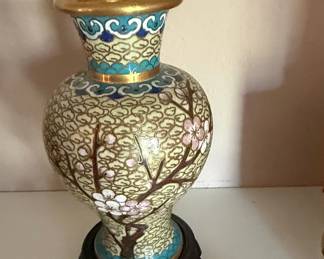 Vintage Chinese Cloisonné Floral Vase with Hardwood Stand