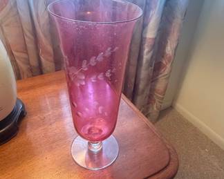 Vintage Cranberry Glass Etched Floral Vase with Pedestal