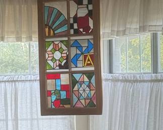 Vintage Stained Glass Window Panel with Quilt Block Designs