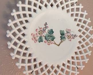 Challinor, Taylor & Co. Milk Glass Lattice Edge Plate with Hand-Painted Flowers