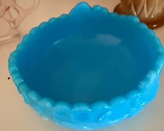 Fenton Blue Marble Slag Glass Cabbage Rose Bowl