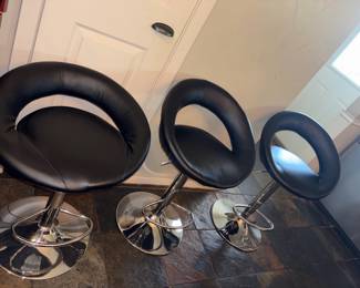 Three Contemporary Chrome and Black Bar Stools