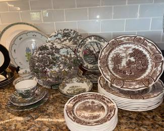 J&G Meakin Americana Boston Tea Party Brown dishes, Johnson Brothers Friendly Village, Myott Franciscan Hunter