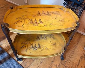 Chinoiserie Faux Bamboo & Tole Top Rolling Cart Tray Table