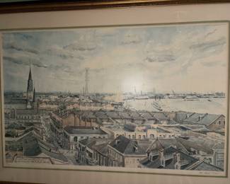 The artwork "View from the Royal Orleans" is a limited-edition 1977 print/painting by artist R.R. Fontenot depicting the New Orleans French Quarter Limited edition print framed