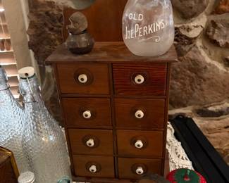 Old Joe Perkins Vintage Bottle, Antique Farmhouse Spice Cabinet