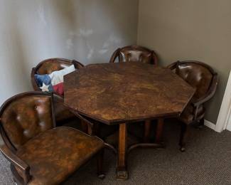 Vintage Hexagon Solid wood Game Table with four chairs on casters